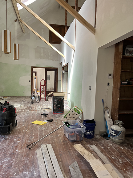Living room during drywall installation