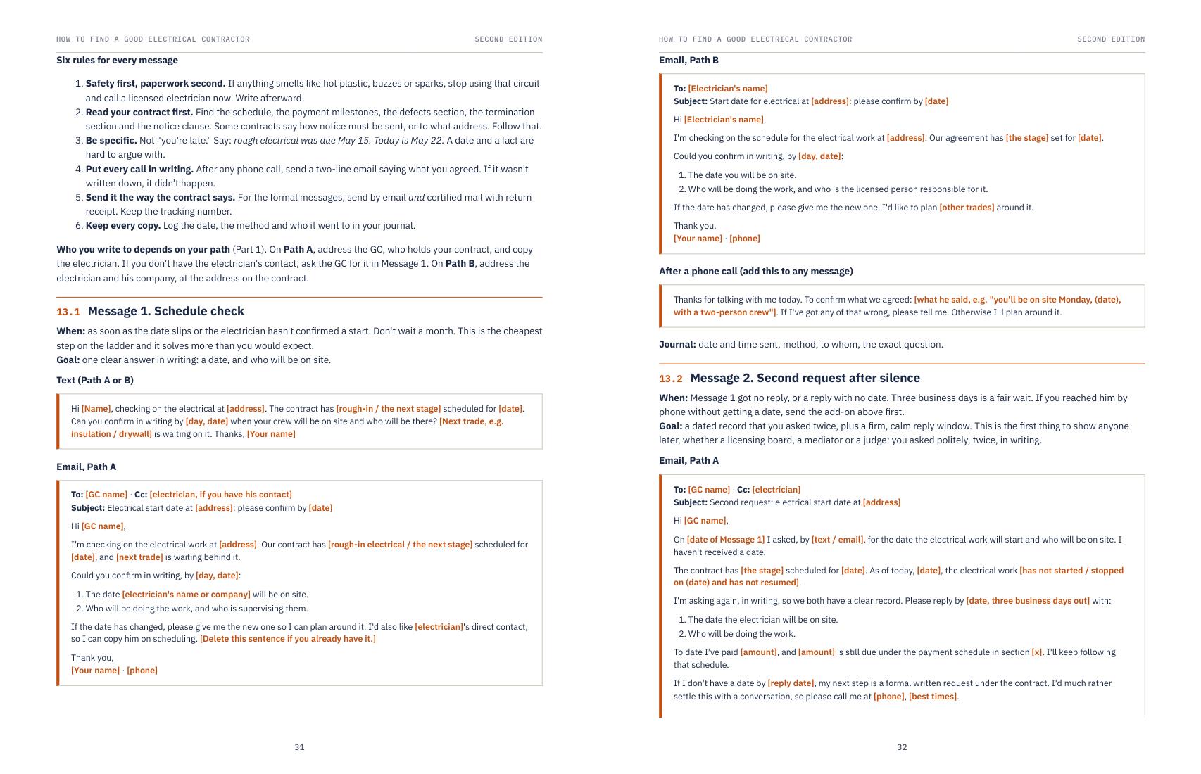 Pages 31 and 32 of the guide: six rules for every message, Message 1 and the start of Message 2